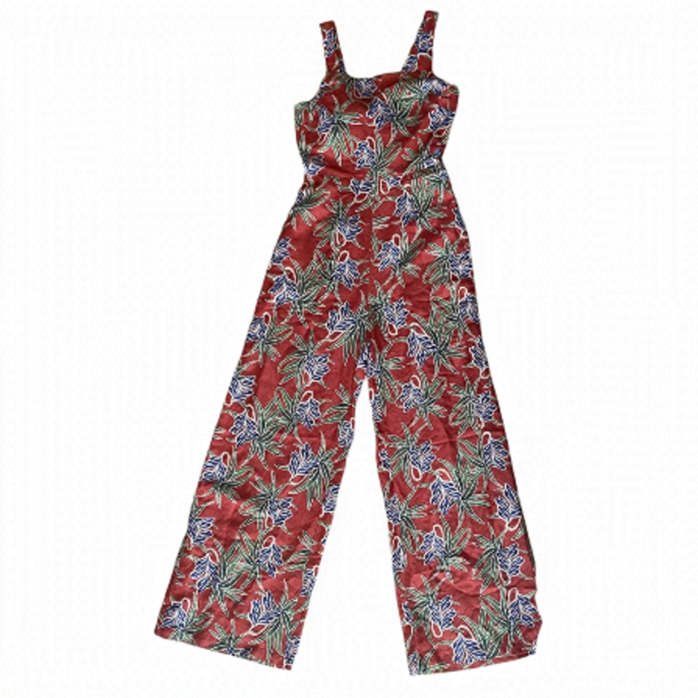 Moon River Linen Blend Red Leaf Print Jumpsuit Size Extra-Small